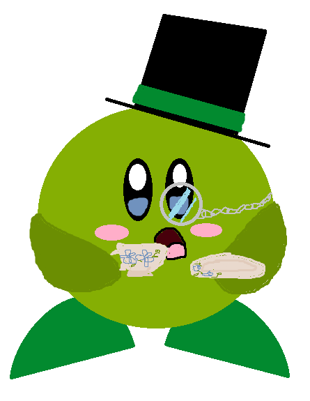 green kirby with a top hat and a monocle